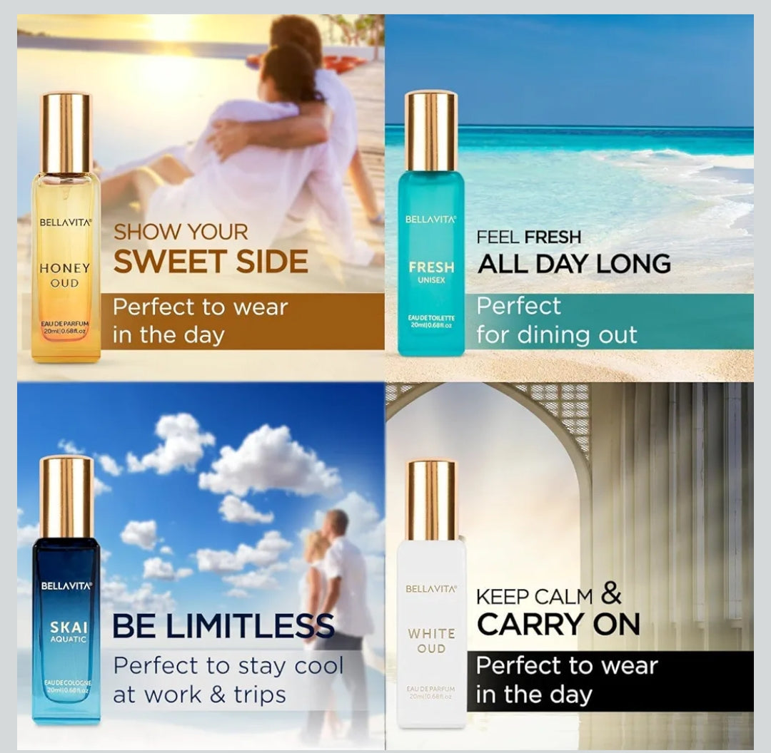 Perfumes & Deodorants- Bella Vita Luxury Long Lasting Unisex Perfume Gift Set 20mlx4 (SKAI, FRESH, WHITE OUD, HONEY OUD) for Man & Woman.