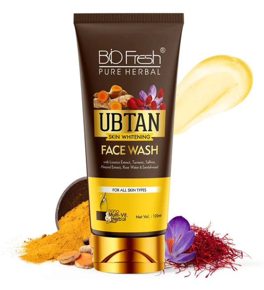 Face Wash- BIO-FRESH Pure Herbal's Skin Whitening UBTAN Face Wash Empowered with Licorice Extract, Turmeric, Saffron, Almond Extract, Rose Water & Sandalwood for All Skin Types 120ml