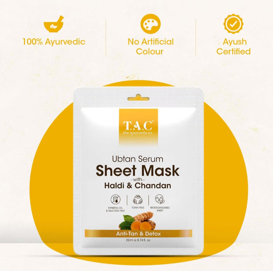 Face Sheet Mask- TAC Ayurveda's Ubtan Serum Sheet Mask with Haldi & Chandan for DeTan & Detox the Skin 22ml