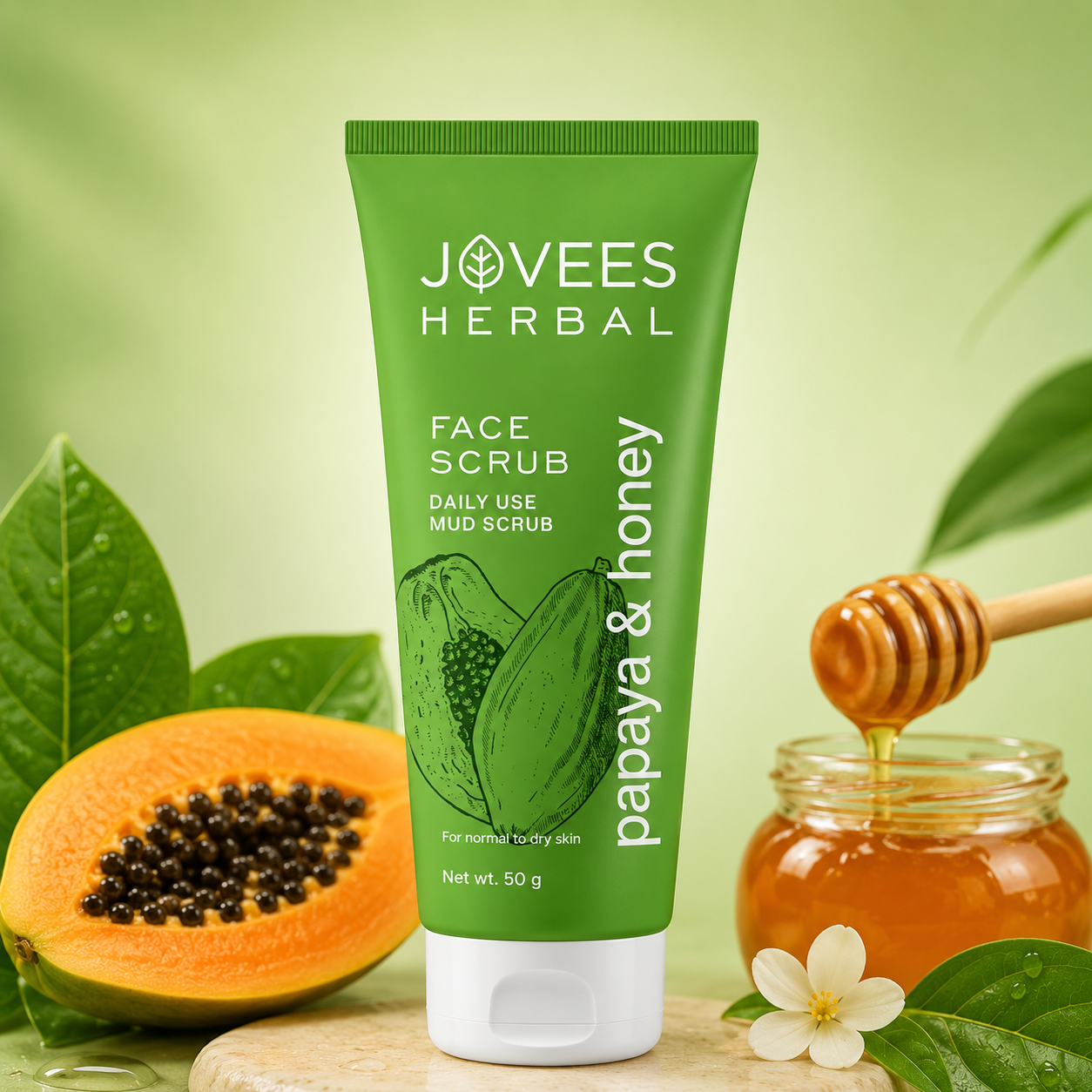 Face Scrub- JOVEES Herbal's Papaya & Honey Face Mud Scrub suitable for Normal to Dry Skin - 50gm