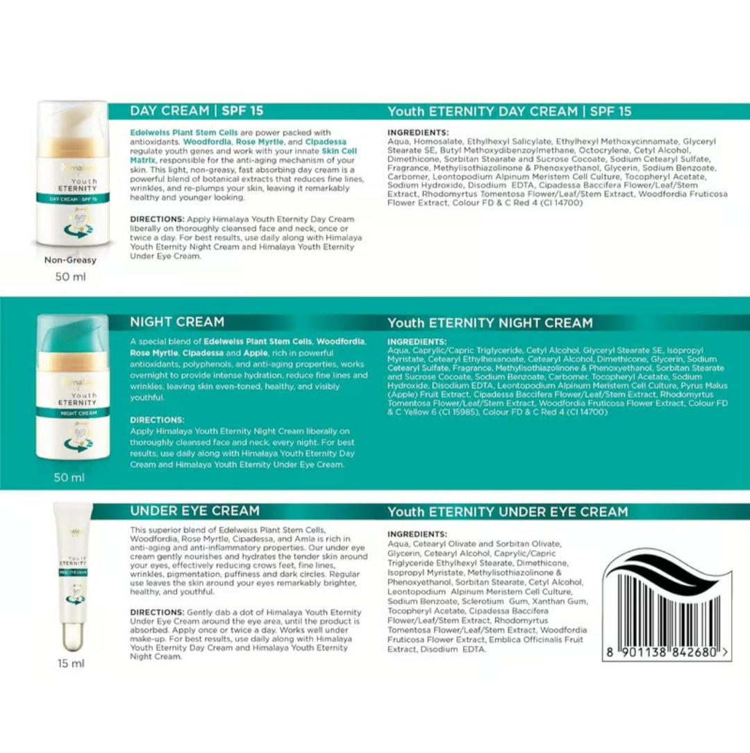 Face Day & Night Cream- HIMALAYA YOUTH ETERNITY KIT COMBO (Day Cream, Night Cream & Under Eye Cream)