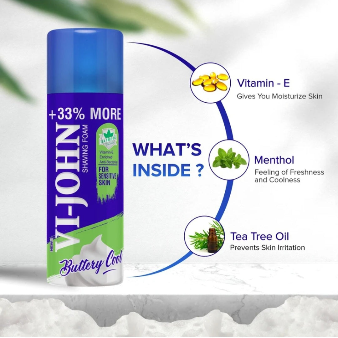 Shaving Foam- Vi-John Buttery Cool Shaving Foam enriched with Vitamin-E & Anti-Bacterial Goodness of Tea Tree Oil, Suitable for Sensitive Skin - 400gm (300gm +100gm Free)