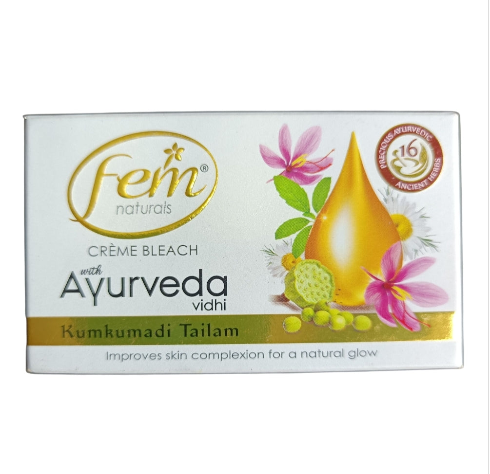Bleach Cream- Fem Natural's Kumkumadi Tailam Ayurvedic Bleach Cream with the Power of 16 Herbs which Improves Skin Complexion for a Natural Glow 30gm (Bleach Cream 21gm, Activator Powder 3gm, Pre-Bleach Cream 3gm & Post-Bleach Cream 3gm