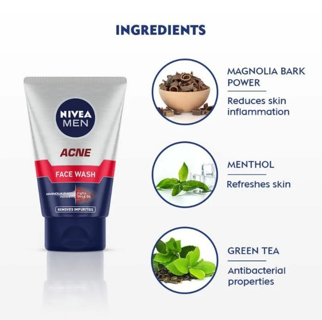 Face Wash- NIVEA Men Acne Control Face Wash with Magnolia Bark, Menthol and Green Tea which Fights with Dirt & Oil and Removes Impurities 50gm