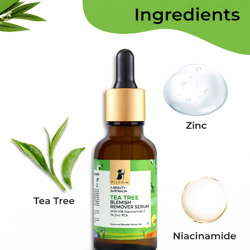 Face Serum- PILGRIM'S Tea Tree Blemish Remover Serum with 10% Niacinamide & 1% Zinc PCA for Acne and Blemish Prone Skin which Fades Blemishes,  Repairs Skin Barrier and Removes Acne Marks- 30ml