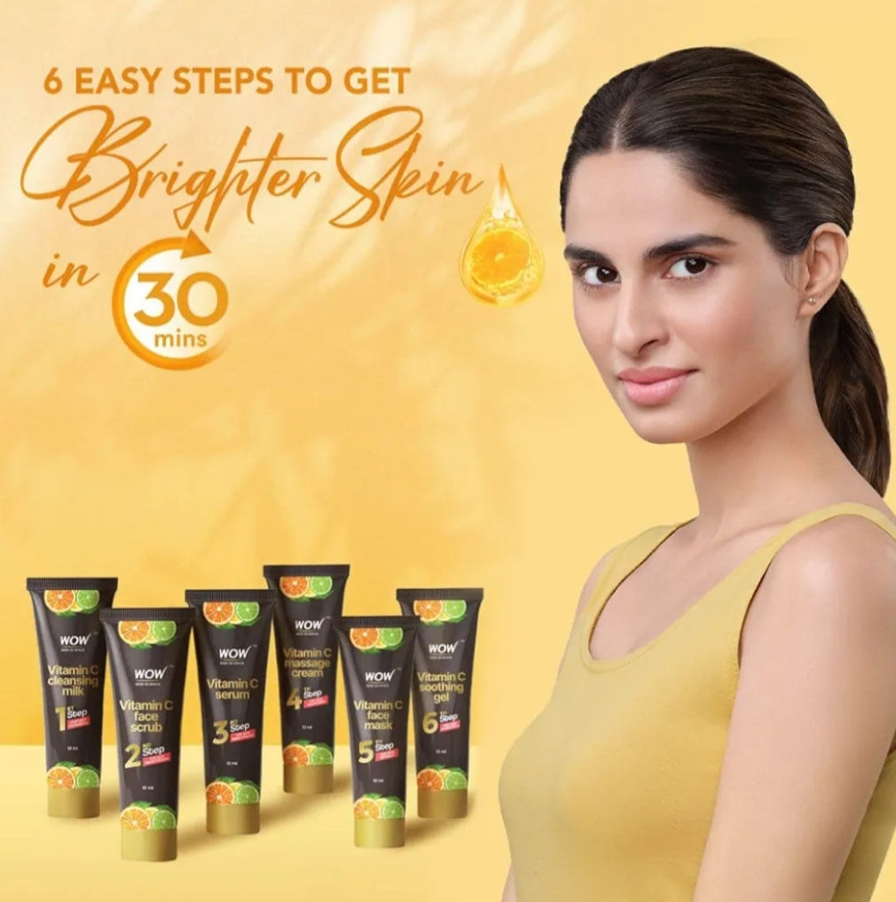 Facial Kit- WOW Vitamin-C Brightening Facial Kit infused with Vitamin-C & Orange Peel Oil for Brighter and Even Toned  Skin - 60ml (6 units x 10ml)