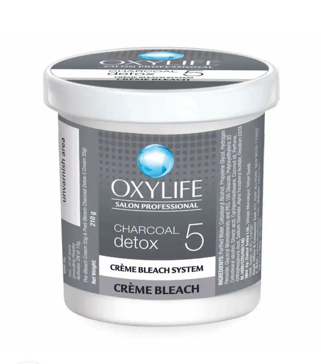 Bleach Cream- OXYLIFE Salon Professional's Activated Charcoal enriched CHARCOAL Detox-5 Bleach Cream with Active Oxygen for Dull & Tanned Skin 310gm (Bleach Cream 210gm, Powder Activator 30gm, Pre-Bleach Cream 35gm & Post-Bleach Cream 35gm)