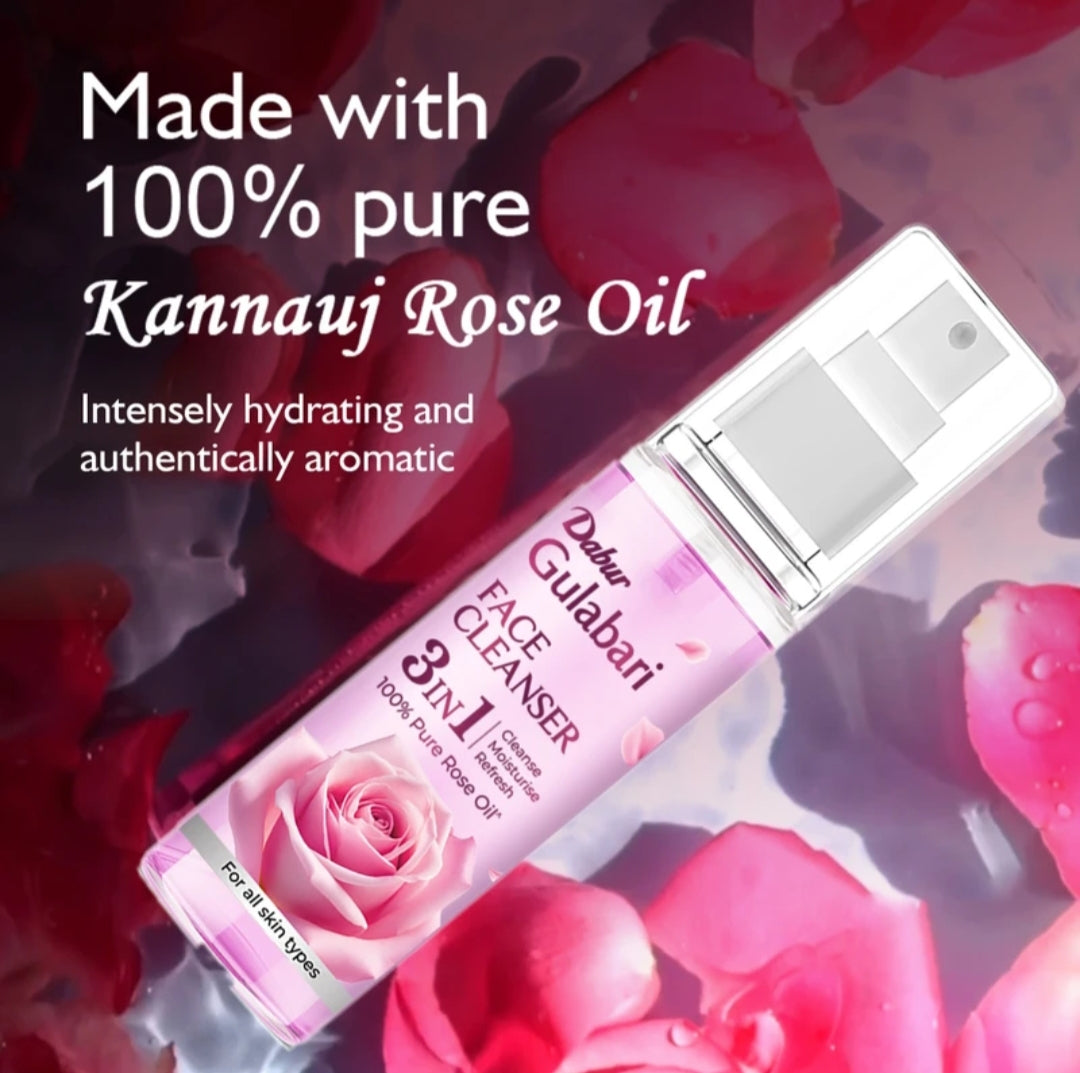 Rose Water- Dabur Gulabari 3-in-1 Premium Face Cleanser enriched with 100% Pure Rose Oil for Cleansing, Moisturizing & Refreshing usable for All Skin Types - 100ml