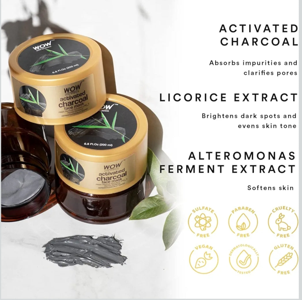 Face Pack & Sleeping Mask- WOW Activated Charcoal Face Mask with Licorice Extract and Alteromonas Ferment Extract which Removes Pollutants and Revive Radiance 200ml