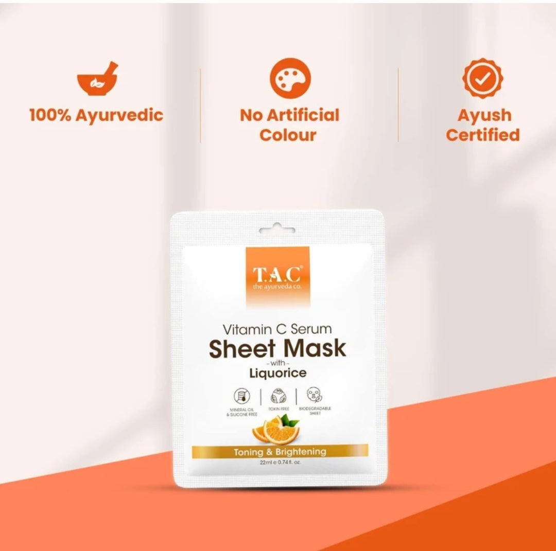 Face Sheet Mask- TAC Ayurveda's Vitamin-C Serum Sheet Mask with Liquorice for Toning & Brightening 22ml