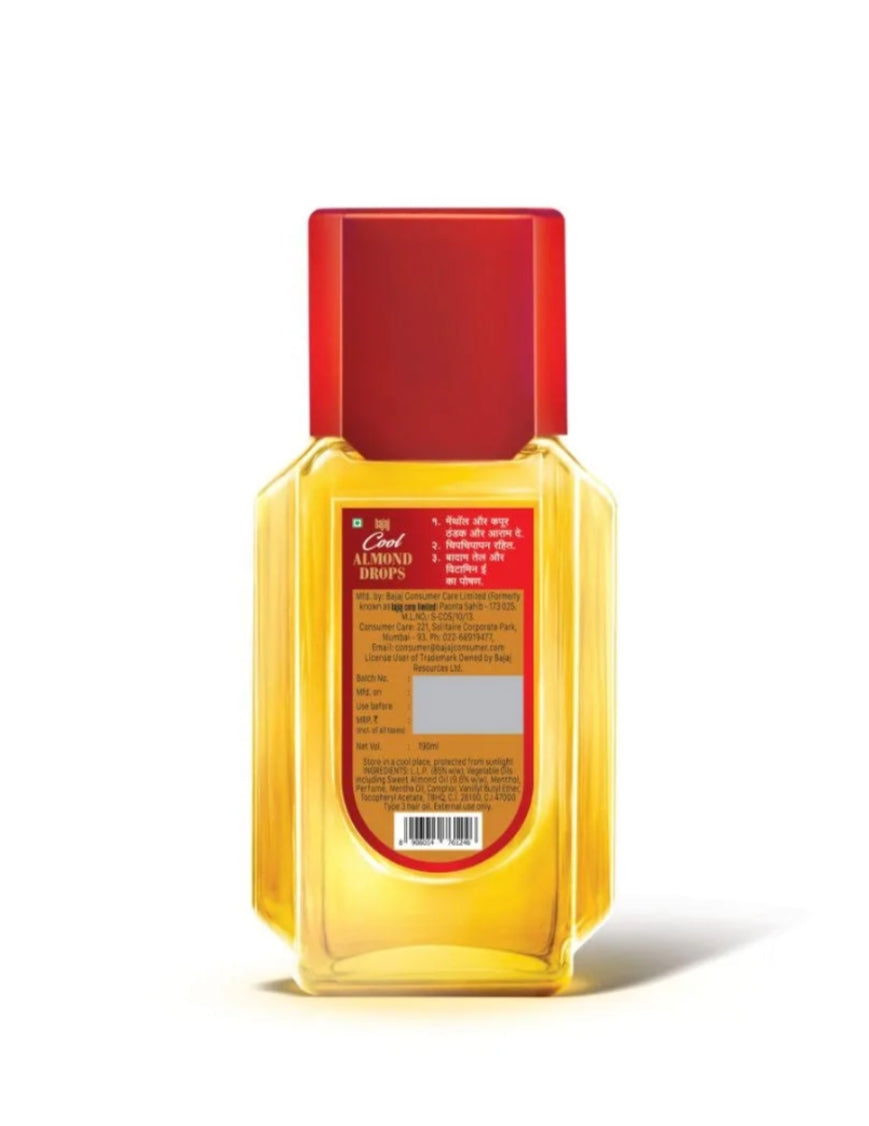 Hair Oil- Bajaj Cool Almond Drops Non-Sticky Hair Oil enriched with Sweet Almond Oil, Vitamin-E, Menthol and Camphor - 100ml