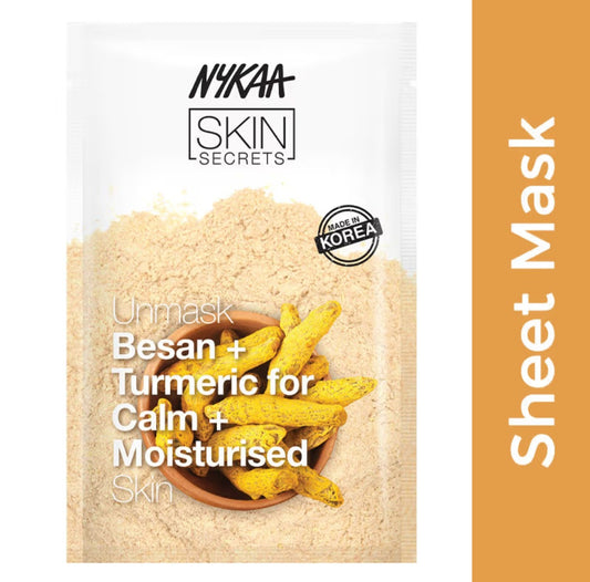 Face Sheet Mask- Nykaa Natural Skin Secret's Besan & Turmeric Face Sheet Mask 20ml for Calm & Moisturised Skin which gives you Brighter & Glowing Skin in just a few minutes