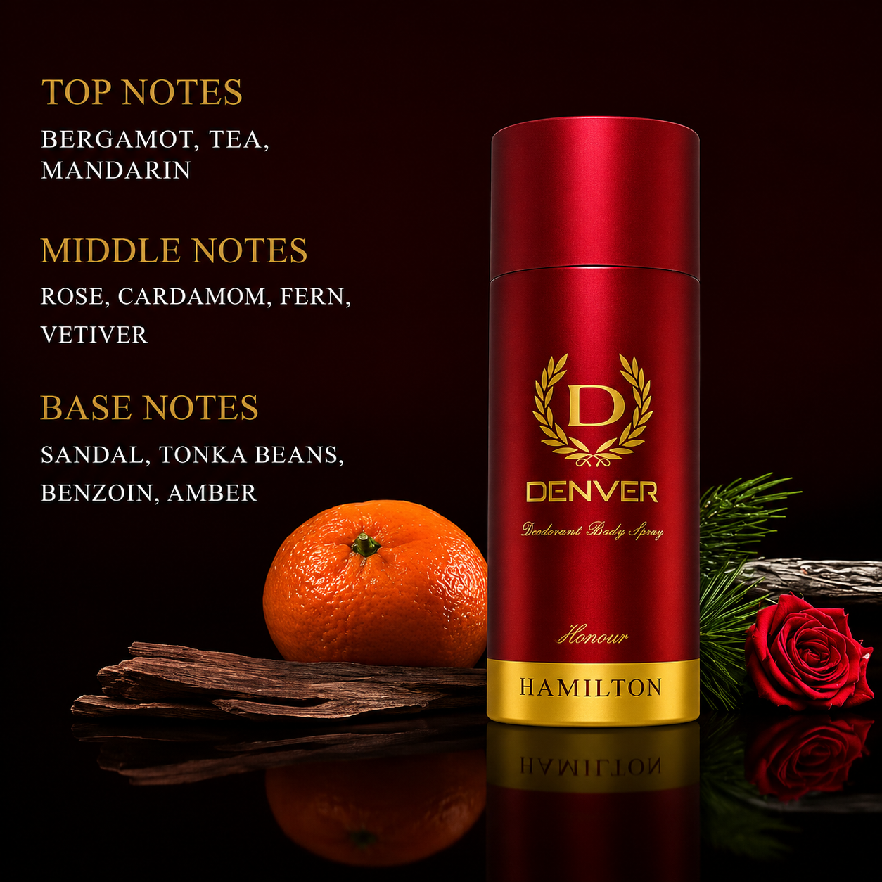 Perfumes & Deodorants- DENVER Hamilton HONOUR  Long-Lasting Deodorant Body Spray for the Real Men, enriched with Fresh Citrus Spicy Notes followed by a Musky Signature with the base of Sandal and Amber - 150ml