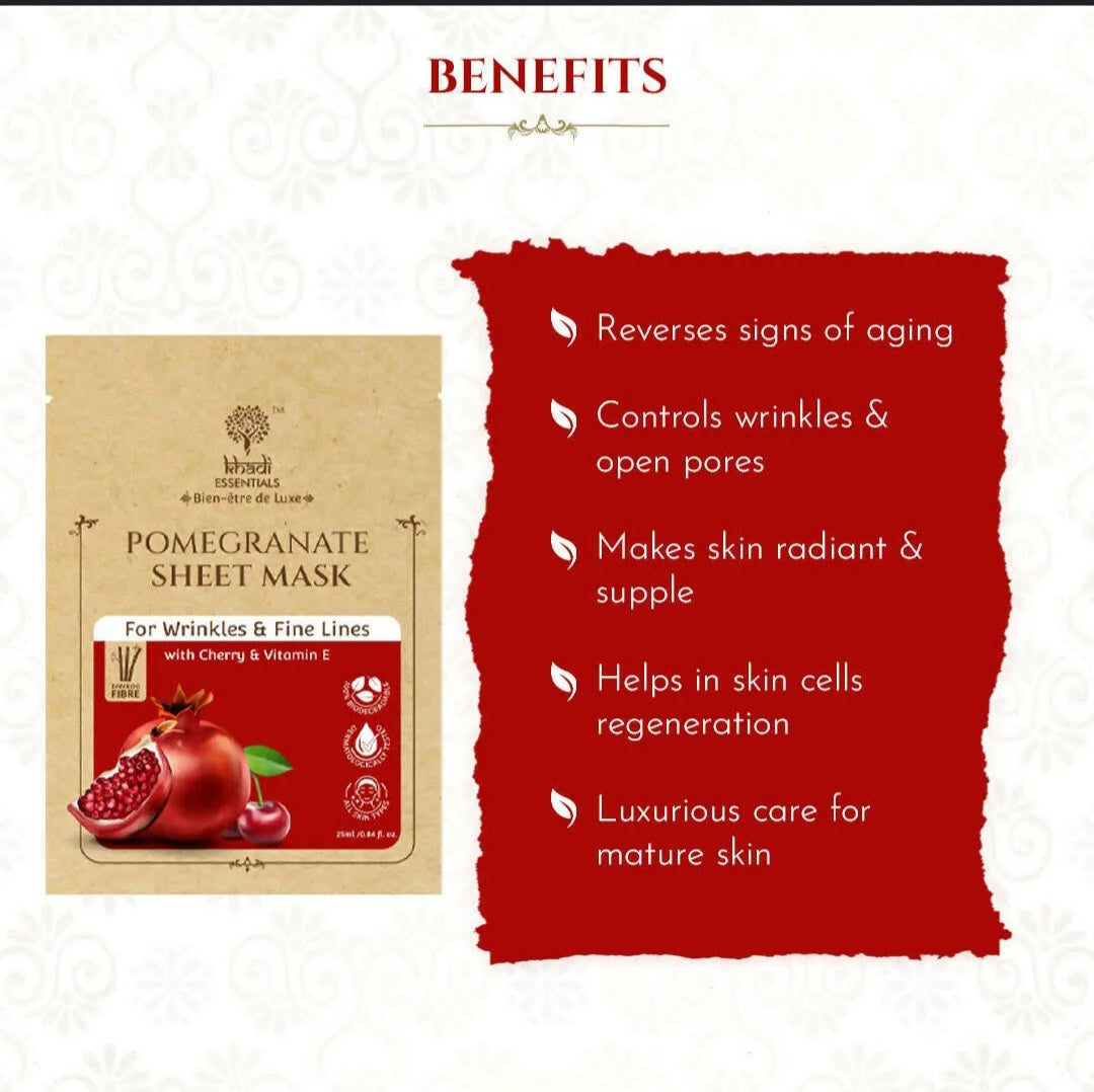 Face Sheet Mask- Khadi Essentials Pomegranate Sheet Mask with Cherry & Vitamin-E for Wrinkles & Fine Lines 25ml