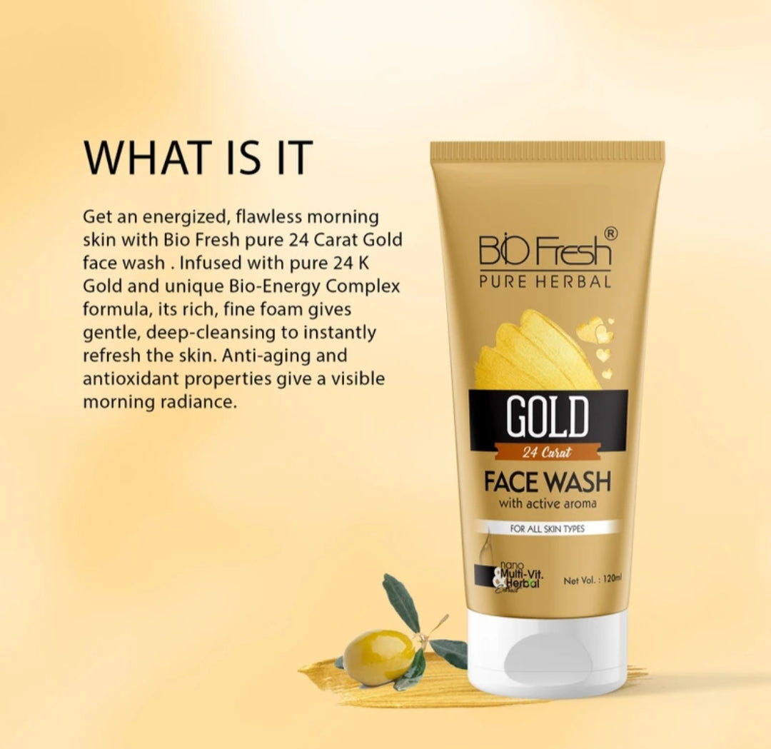 Face Wash- BIO-FRESH Pure Herbal 24 Carat GOLD Face Wash with Active Aroma and Nano Multi-Vit Herbal Extract for All Skin Types 120ml