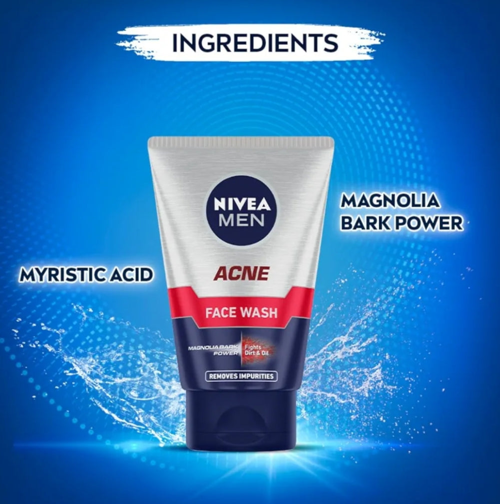 Face Wash- NIVEA Men Acne Control Face Wash with Magnolia Bark, Menthol and Green Tea which Fights with Dirt & Oil and Removes Impurities 50gm