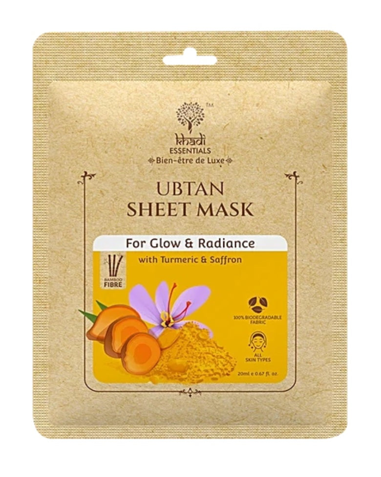 Face Sheet Mask- Khadi Essentials Ubtan Sheet Mask with Turmeric & Saffron for Glow & Radiance 25ml