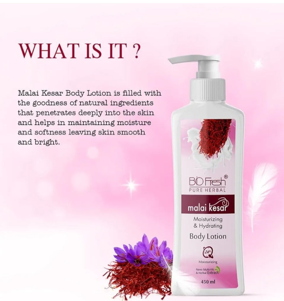 Lotions & Moisturizers- BIOFRESH PURE HERBAL'S Malai Kesar Non-Sticky & Skin Hydrating Body Lotion (24 Hour Moisturizing) 450ml
