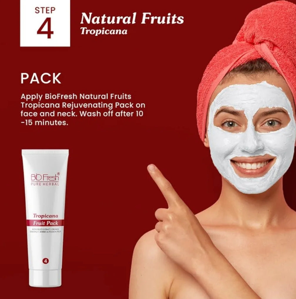 Facial Kit- BIO-FRESH Pure Herbal's 5-Steps (Scrub+Cream+Gel+Pack+Glow Serum) Natural Tropicana Fruits Facial Kit with Natural Fruits Glow Serum which is Excellent for Refreshed Youthful Look & Glow - 90ml