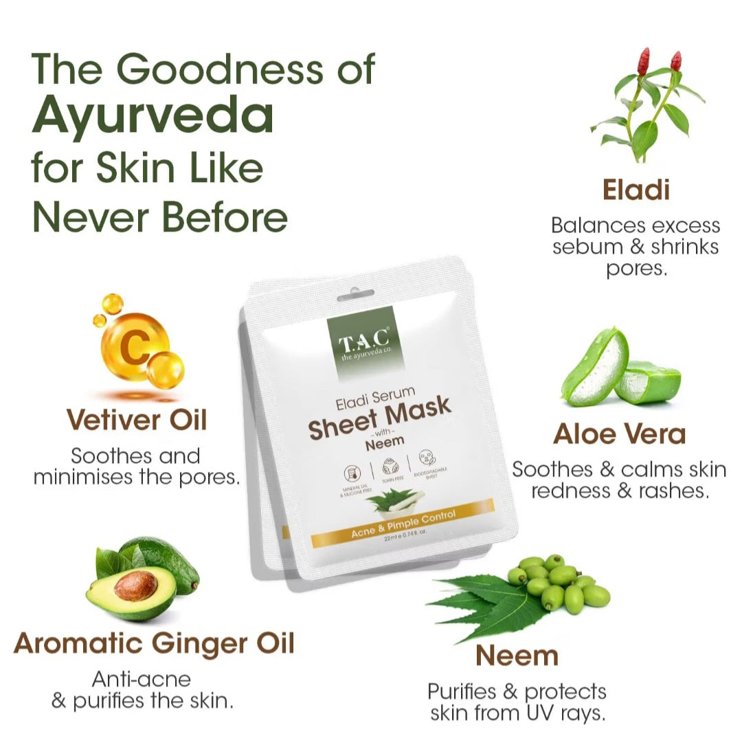 Face Sheet Mask- TAC Ayurveda's Eladi Serum Sheet Mask with Power of Neem which Controls Acne & Pimple 22ml