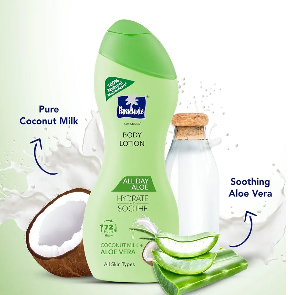 Lotions & Moisturizers- Parachute Advanced All Day Aloe Body Lotion with Coconut Milk & Aloe Vera (72 Hours Moisture) for All Skin Types 250ml