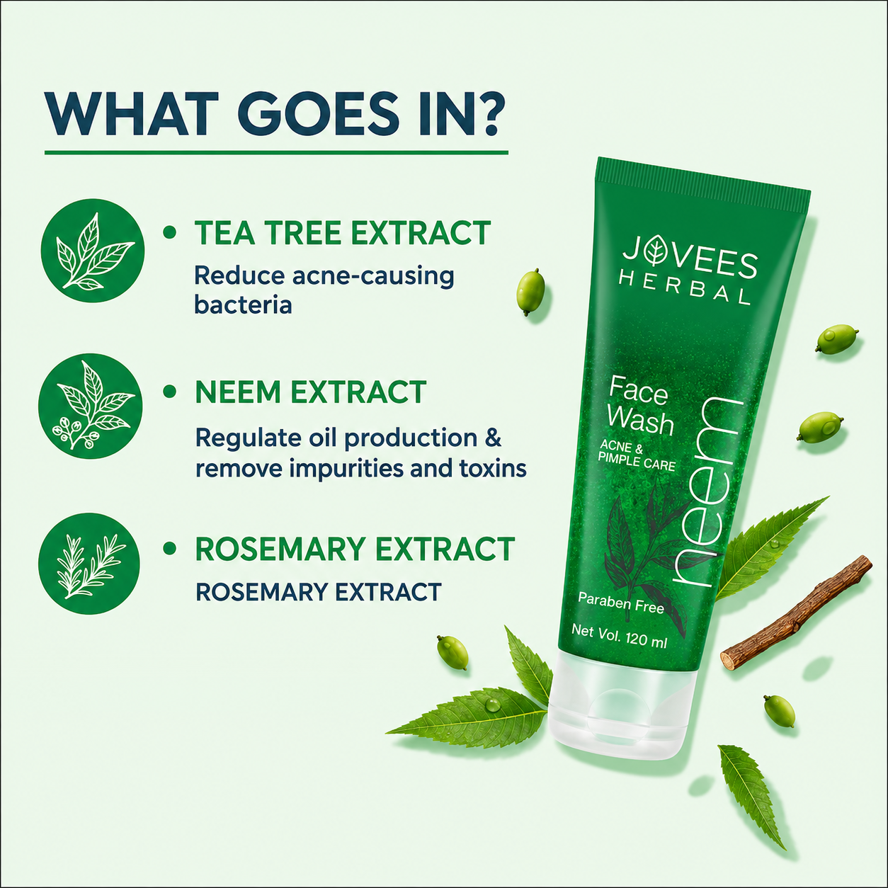Face Wash- JOVEES Herbal's Paraben Free NEEM Face Wash for Acne & Pimple Care - 50ml