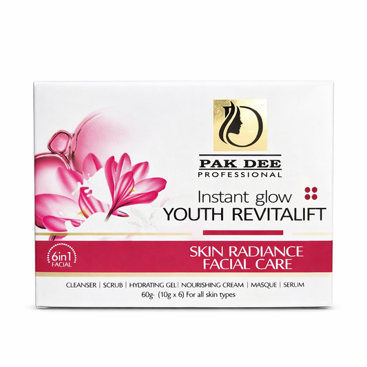 Facial Kit- PAK DEE Professional's Insta Glow Youth Revitaleft 6in1 (Cleanser+Scrub+Hydrating Gel+Nourishing Cream+Masque+Serum) Skin Radiance Facial Kit 60gm (10gm*6)