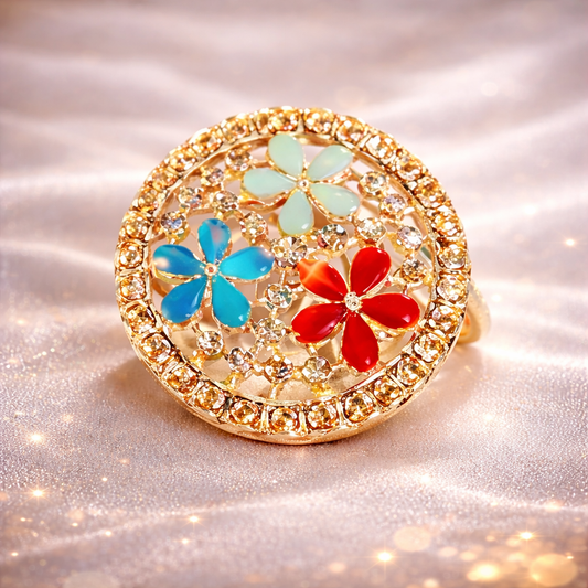 Artificial Jewellery - Finger Rings - Elegant floral designer ring featuring multicolor enamel flowers and sparkling crystals. Gold-plated finish with a stylish, eye-catching look