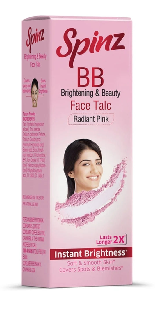 Talcum & Prickly Heat Powder- Spinz BB Brightening & Beauty Radiant Pink 2X Lasts Longer Face Talc for Instant Brightness 40gm