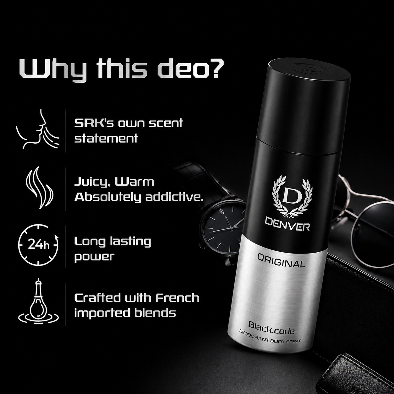 Perfumes & Deodorants- DENVER Black.code ORIGINAL Masculine Fragrance Long-Lasting Deodorant Body Spray - 150ml
