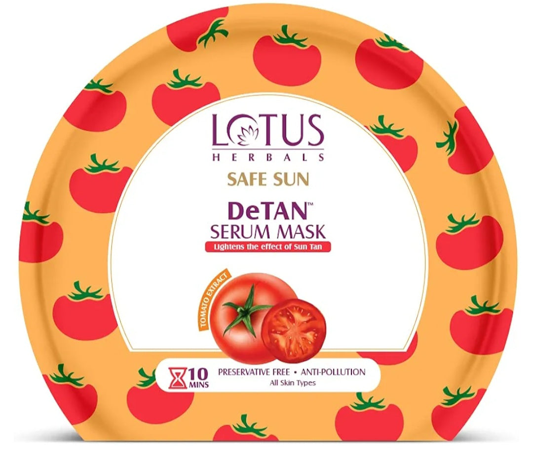 Face Sheet Mask- Lotus Herbals Safe Sun De-Tan Face Serum Sheet Mask enriched with Tomato Extract which Lightens the Effect of Sun Tan and Improves Skin Texture in 10 Minutes - 20gm
