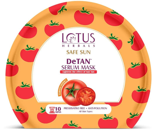 Face Sheet Mask- Lotus Herbals Safe Sun De-Tan Face Serum Sheet Mask enriched with Tomato Extract which Lightens the Effect of Sun Tan and Improves Skin Texture in 10 Minutes - 20gm