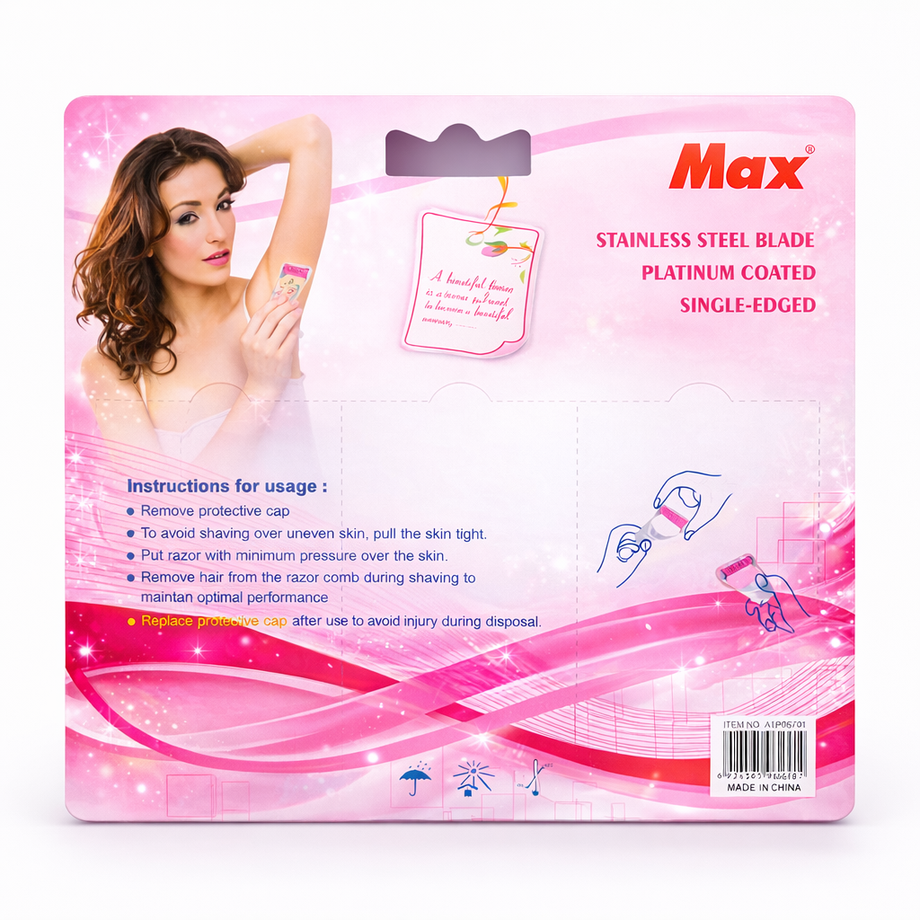 Shaving Razor- Max Women's Body Shaving Razor with Single-Edged, Platinum Coated Stainless Steel Blade - Pack of 6 Pieces