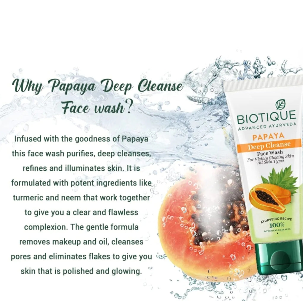 Face Wash- Biotique Papaya Deep Cleanse Gentle Exfoliation Face Wash for Visibly Glowing Skin. 100% Botanical Extracts Suitable for All Skin Types 150ml