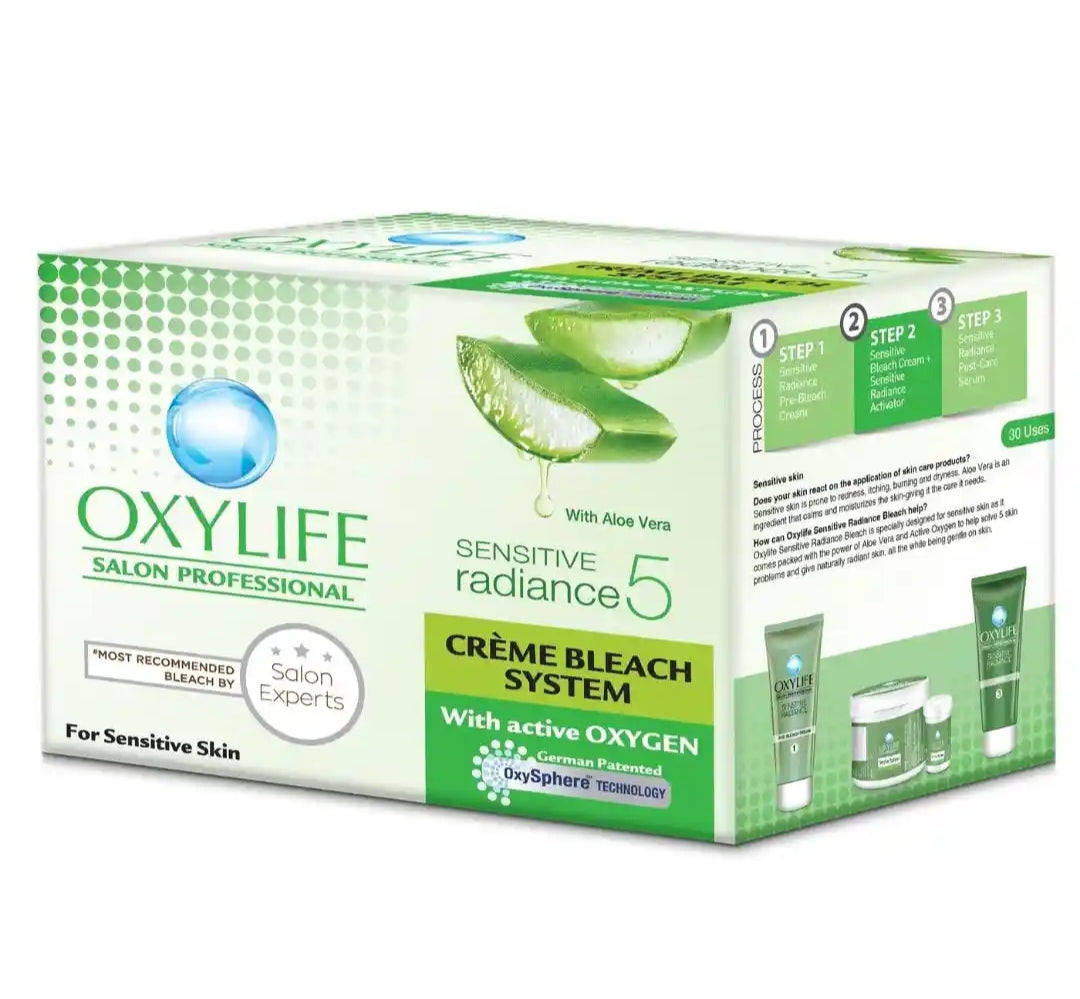 Bleach Cream- OXYLIFE Salon Professional's Aloe Vera enriched SENSITIVE Radiance-5 Bleach Cream with Active Oxygen for Sensitive Skin 310gm (Bleach Cream 210gm, Powder Activator 30gm, Pre-Bleach Cream 35gm & Post-Bleach Cream 35gm)