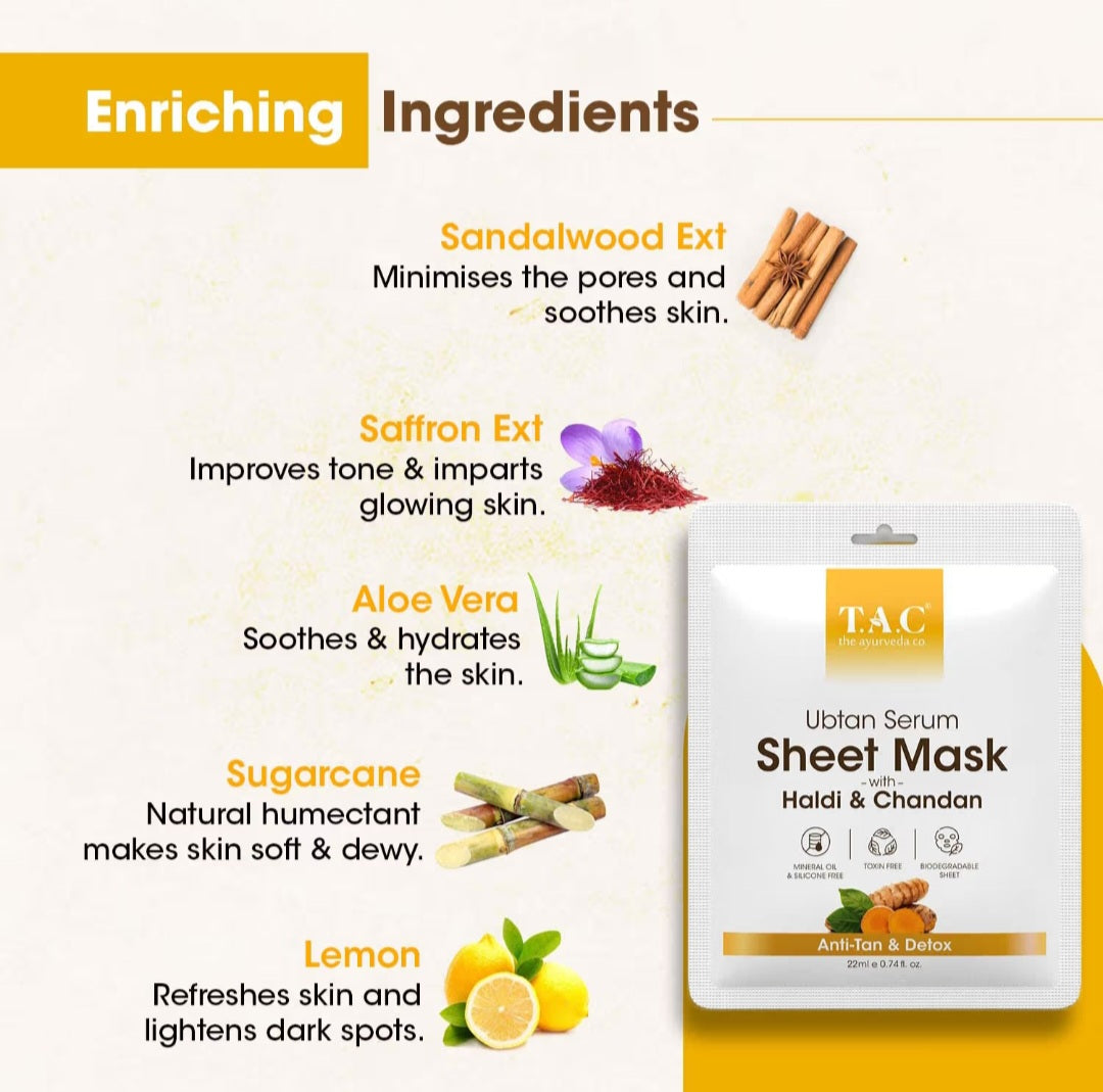 Face Sheet Mask- TAC Ayurveda's Ubtan Serum Sheet Mask with Haldi & Chandan for DeTan & Detox the Skin 22ml