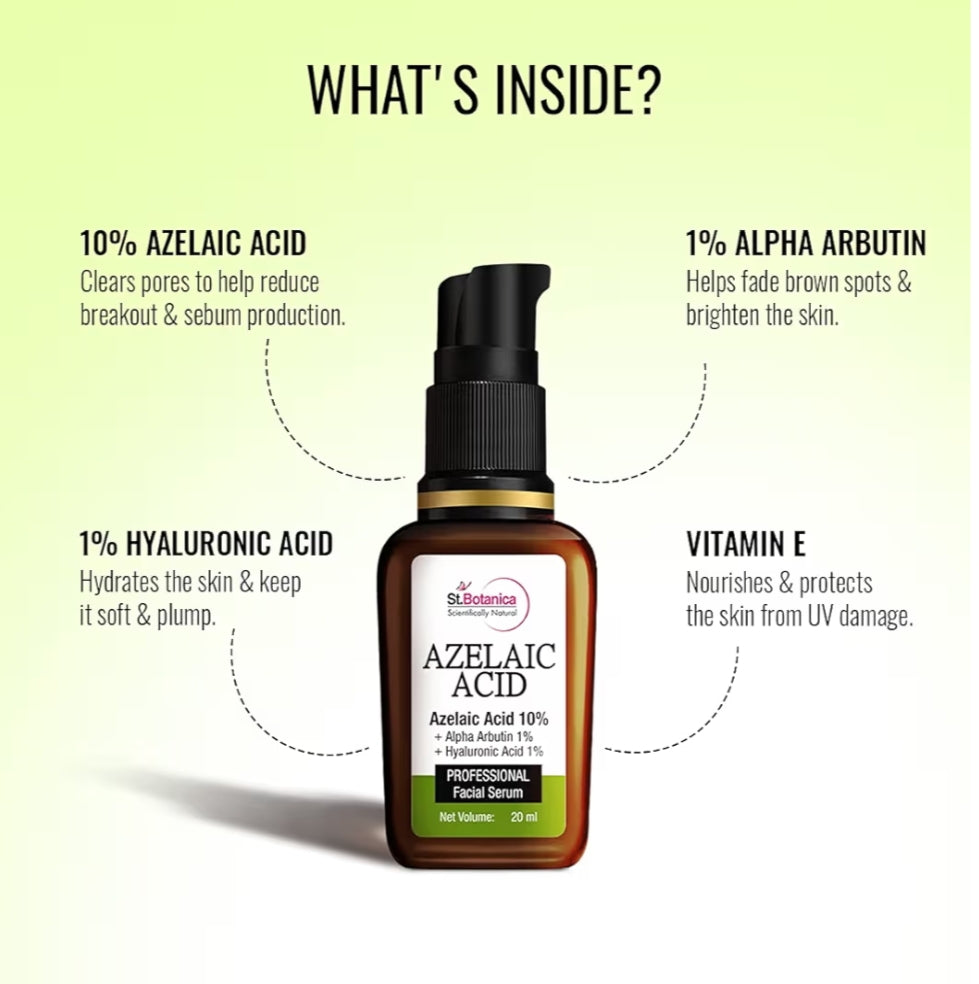 Face Serum- St.Botanica Azelaic Acid 10% + Alpha Arbutin 1% + Hyaluronic Acid 1% Professional Facial Serum - 20ml