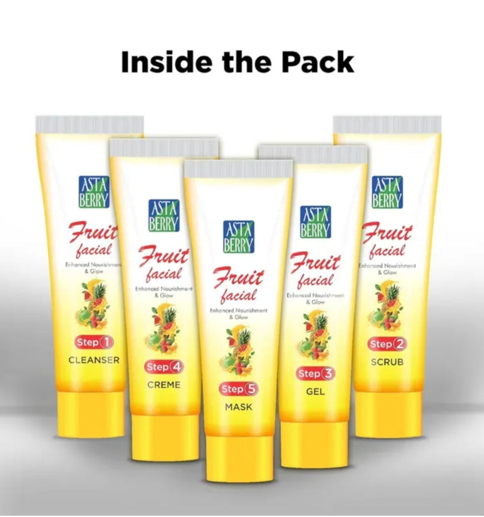 Facial Kit- Asta Berry 5 Steps (1. Cleanser,  2. Scrub, 3. Gel, 4. Creme and 5. Mask) FRUIT Facial Kit for Deep Nourishment & Care 100ml