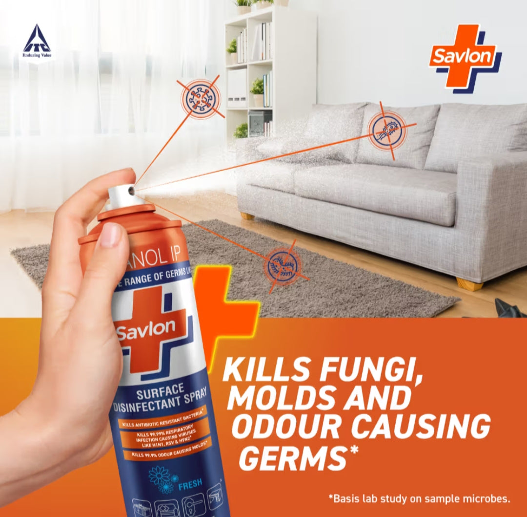 Disinfectant- Savlon Surface Disinfectant Spray which Kills 99.99% a wide range of Germs like Viruses, Bacteria, Fungi and Molds - 95ml/70gm