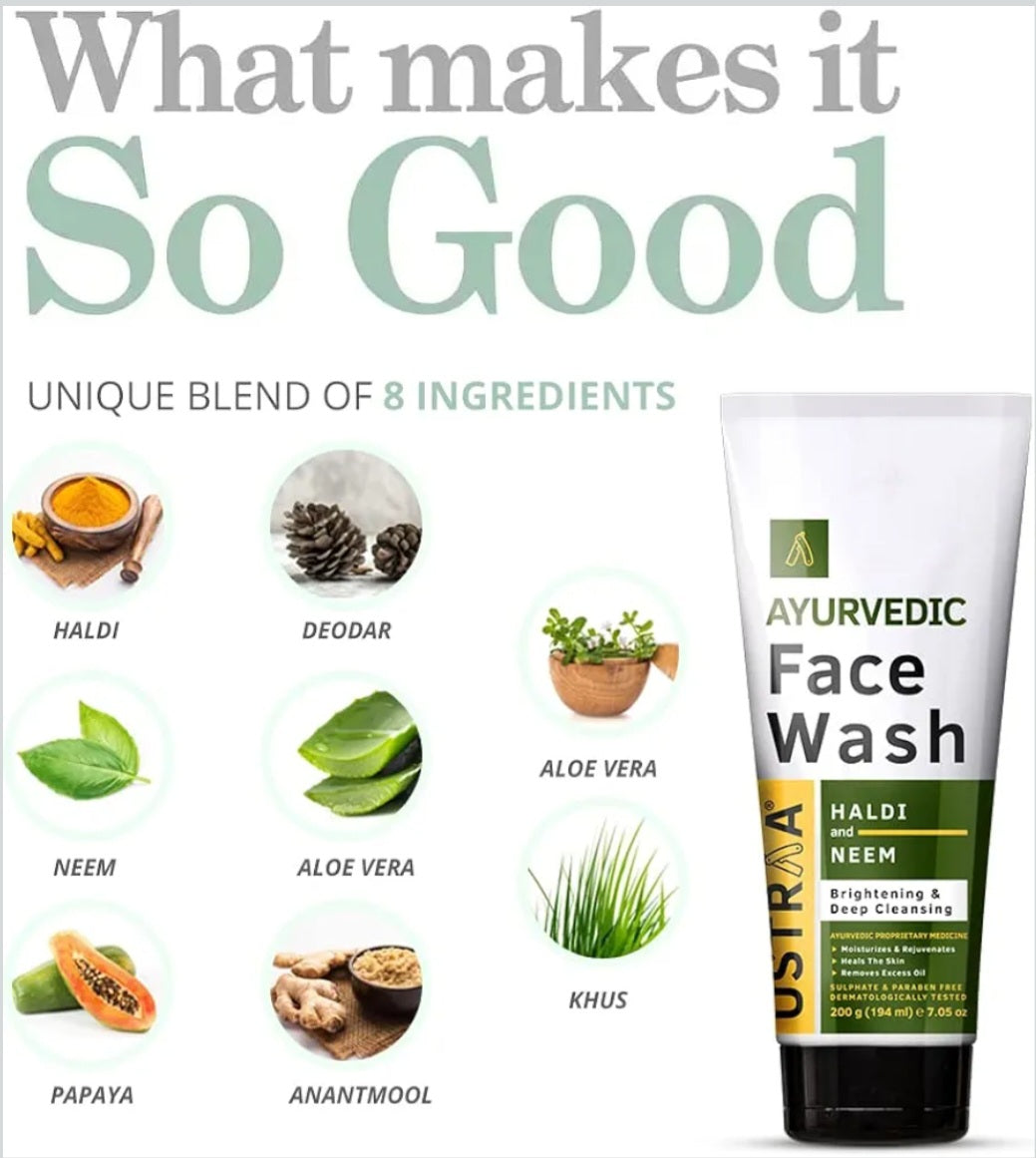 Face Wash- USTRAA Ayurvedic Face Wash enriched with Haldi and Neem for Brightening and Deep Cleansing which Moisturizes, Rejuvenates & Heals the Skin and Removes Excess Oil - 200gm