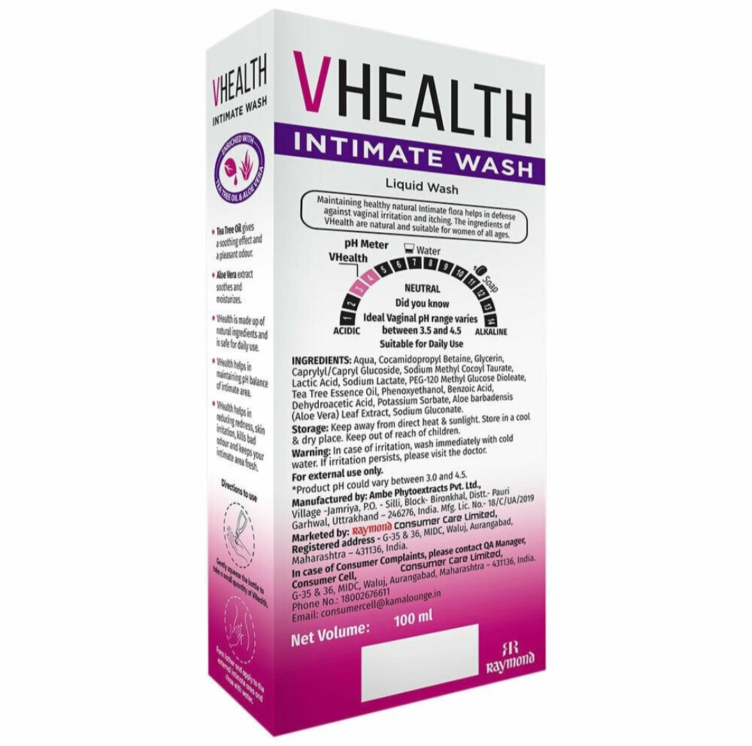 Intimate Wash- Raymond's VHealth Intimate Hygiene Liquid Wash Enriched with Tea Tree Oil & Aloe Vera 100ml