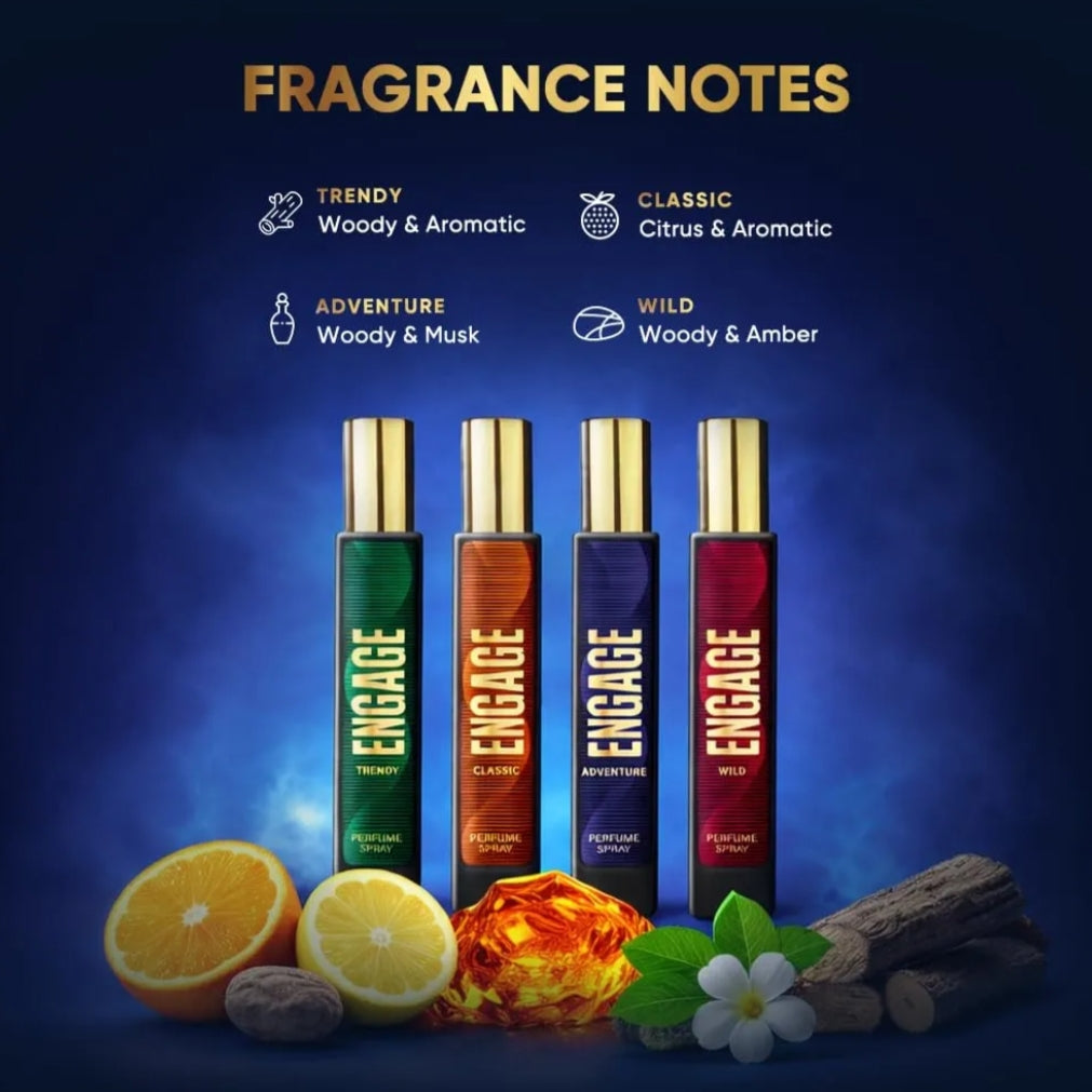 Perfumes & Deodorants- ENGAGE Vibes Perfumes Gift Set for Men with 4 Long-Lasting Fragrances (1. Trendy- Woody & Aromatic, 2. Classic- Citrus & Aromatic, 3. Adventure- Woody & Musk and 4. Wild- Woody & Amber) - 80ml (4x20ml)