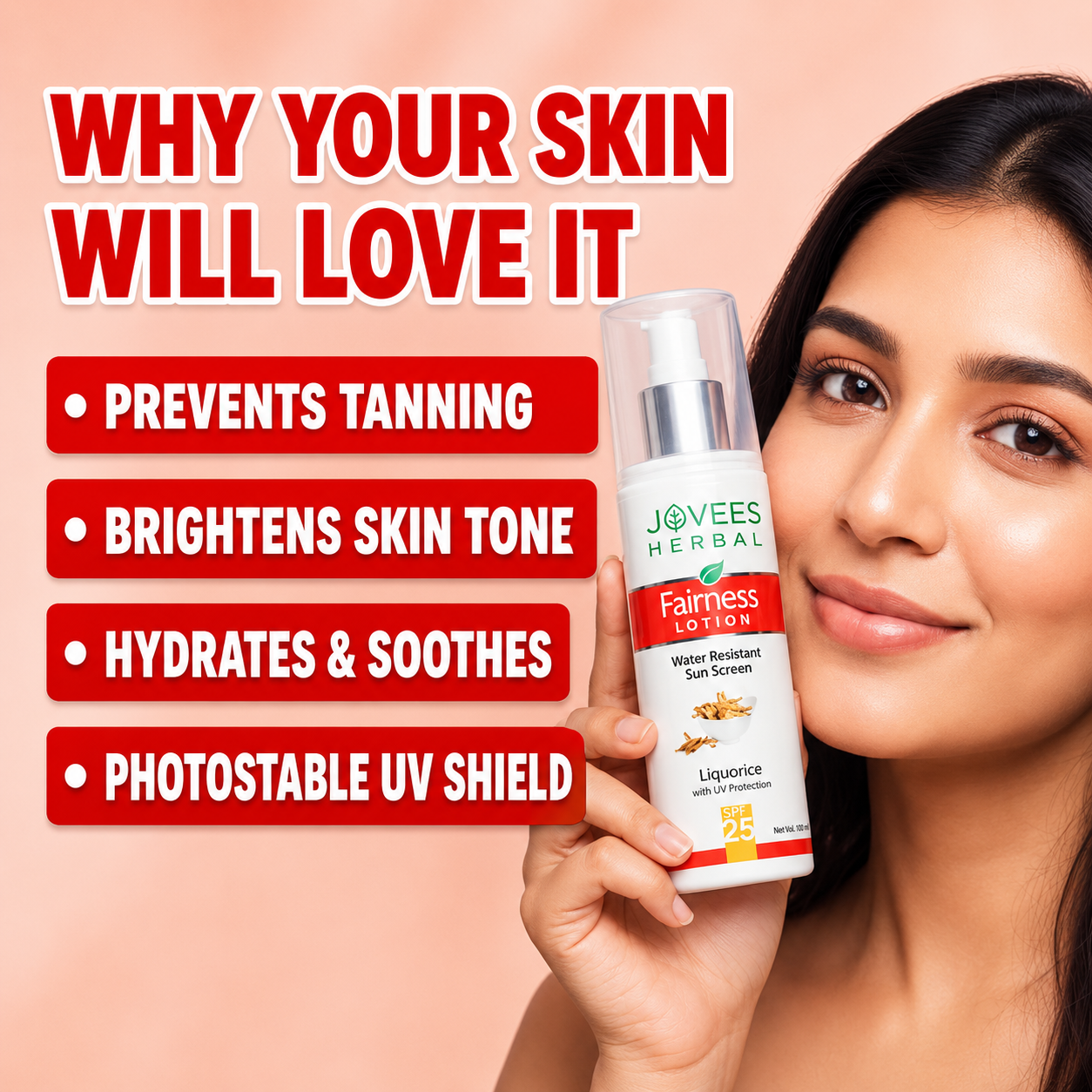 Sunscreen- JOVEES Herbal's Water Resistant Fairness SPF-25 (UV Protection) Sunscreen Lotion with the Skin Brightening benefit of Liquorice - 100ml