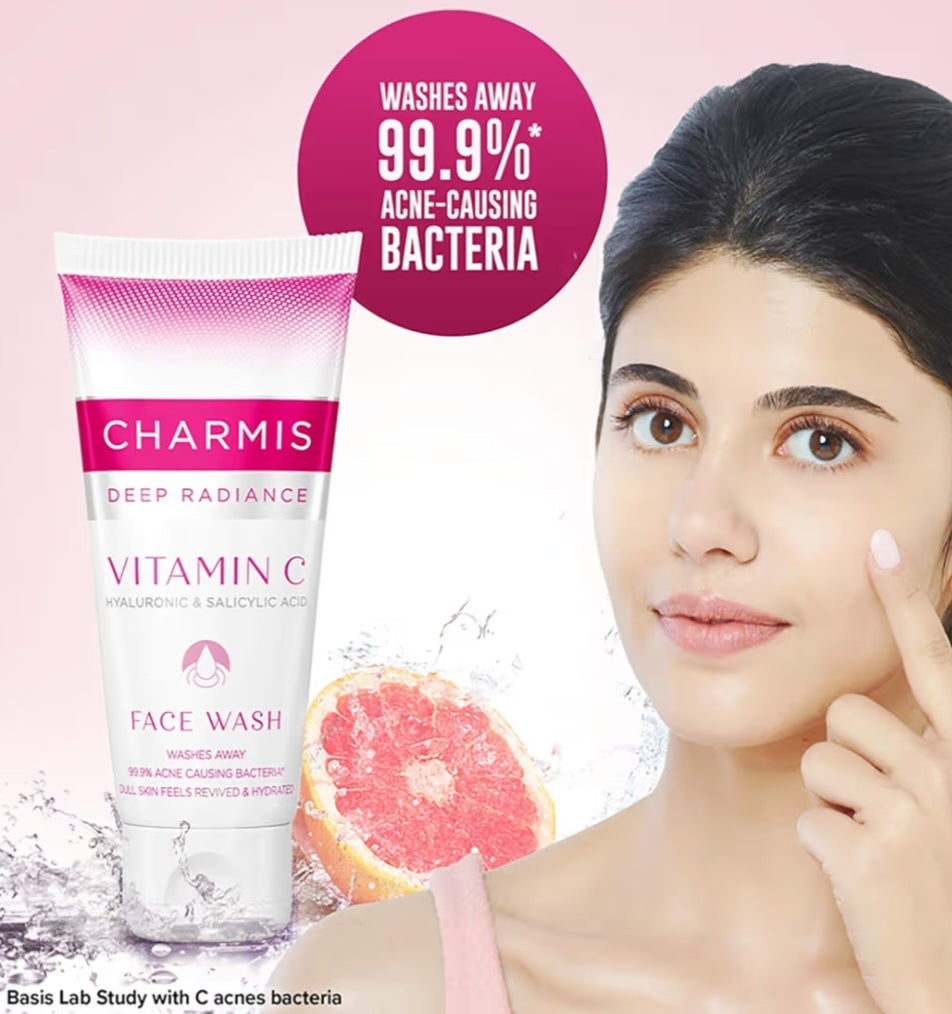 Face Wash- CHARMIS Deep Radiance Vitamin-C Hyaluronic & Salicylic Acid Face Wash which Washes Away 99% Acne Causing Bacteria and makes Dull Skin Revived & Hydrated - 50ml