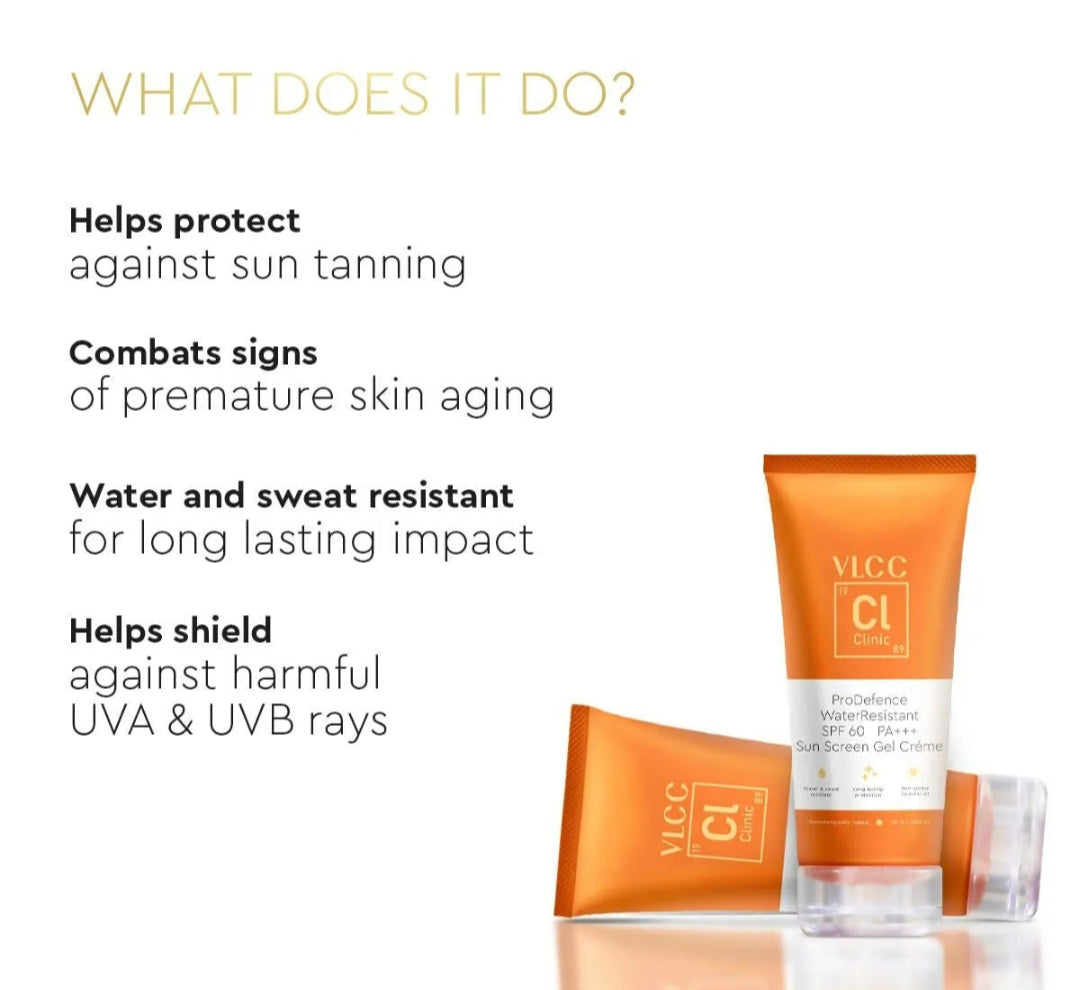Sunscreen- VLCC CL Clinic Pro Defence Water Resistant Sunscreen Gel Creme (SPF 60 PA+++) 100gm