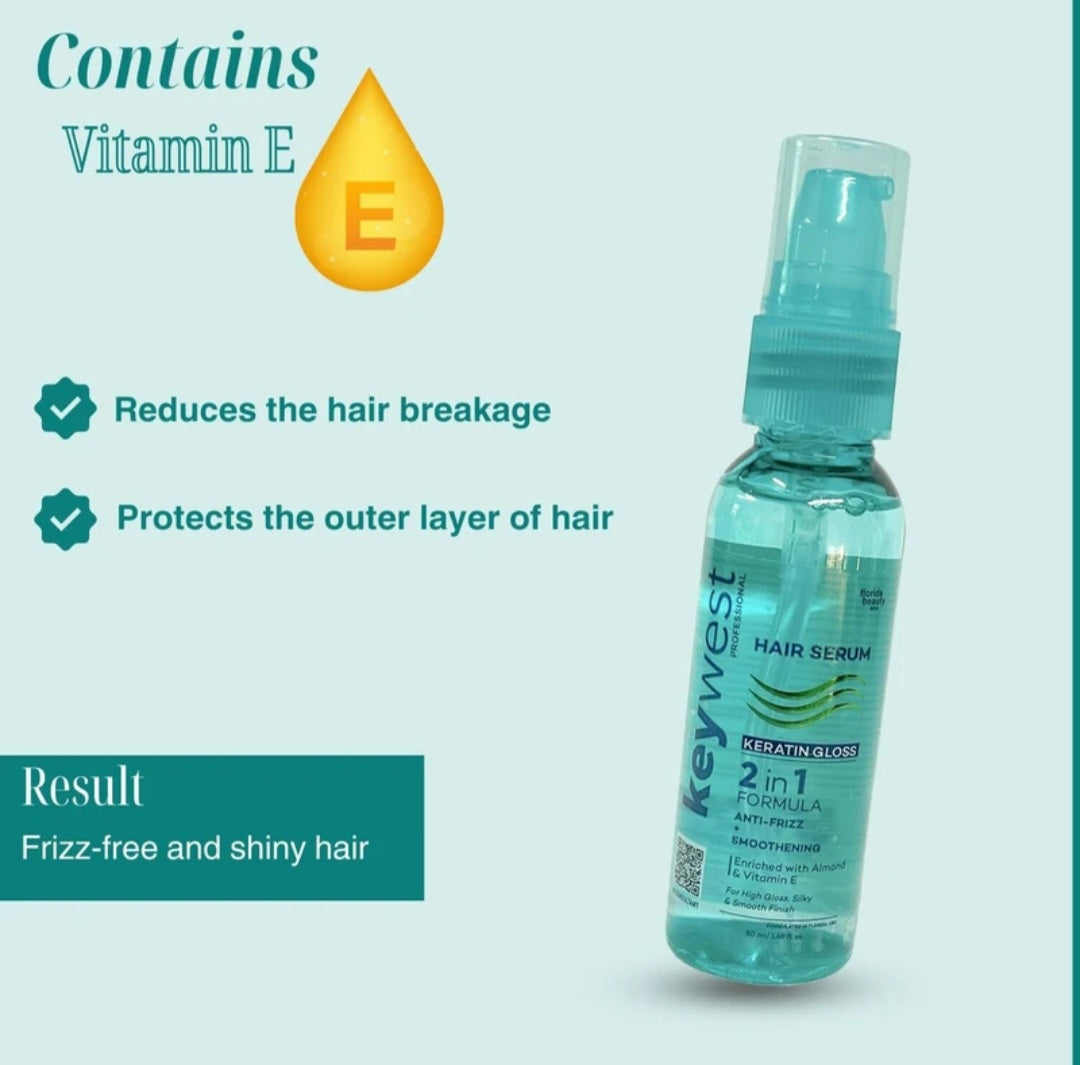 Hair Serum- Keywest Professional's Keratin Gloss Hair Serum 2-in-1 Formula (Anti-Frizz + Smoothening) Enriched with Almond Oil & Vitamin E - 50ml