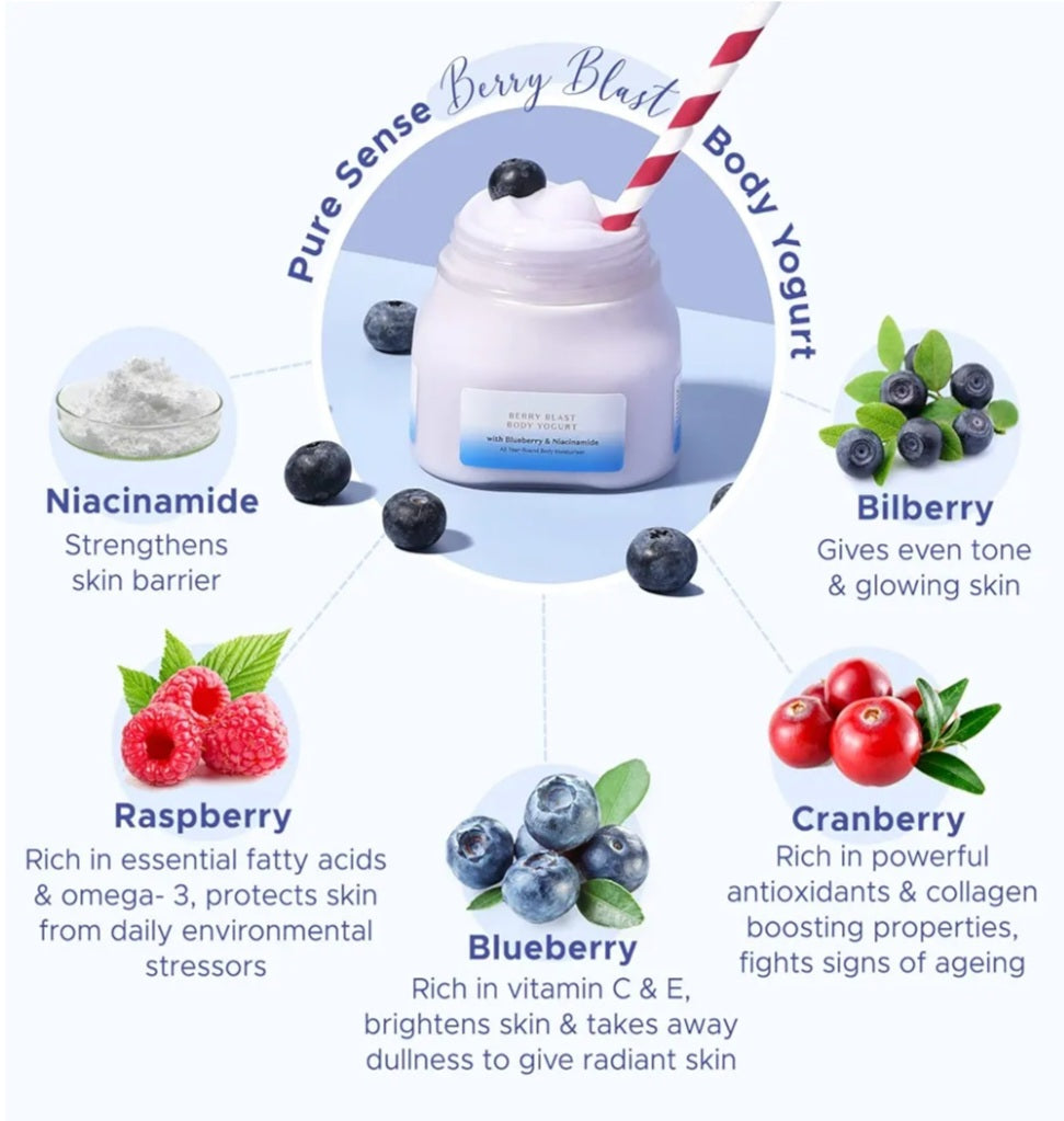 Lotions & Moisturizers- Pure Sense Berry Blast Body Yogurt with Blueberry & Niacinamide for Deeply Nourished, Moisturised and Glowing Skin. Refreshing Aroma for All Skin Types 160ml