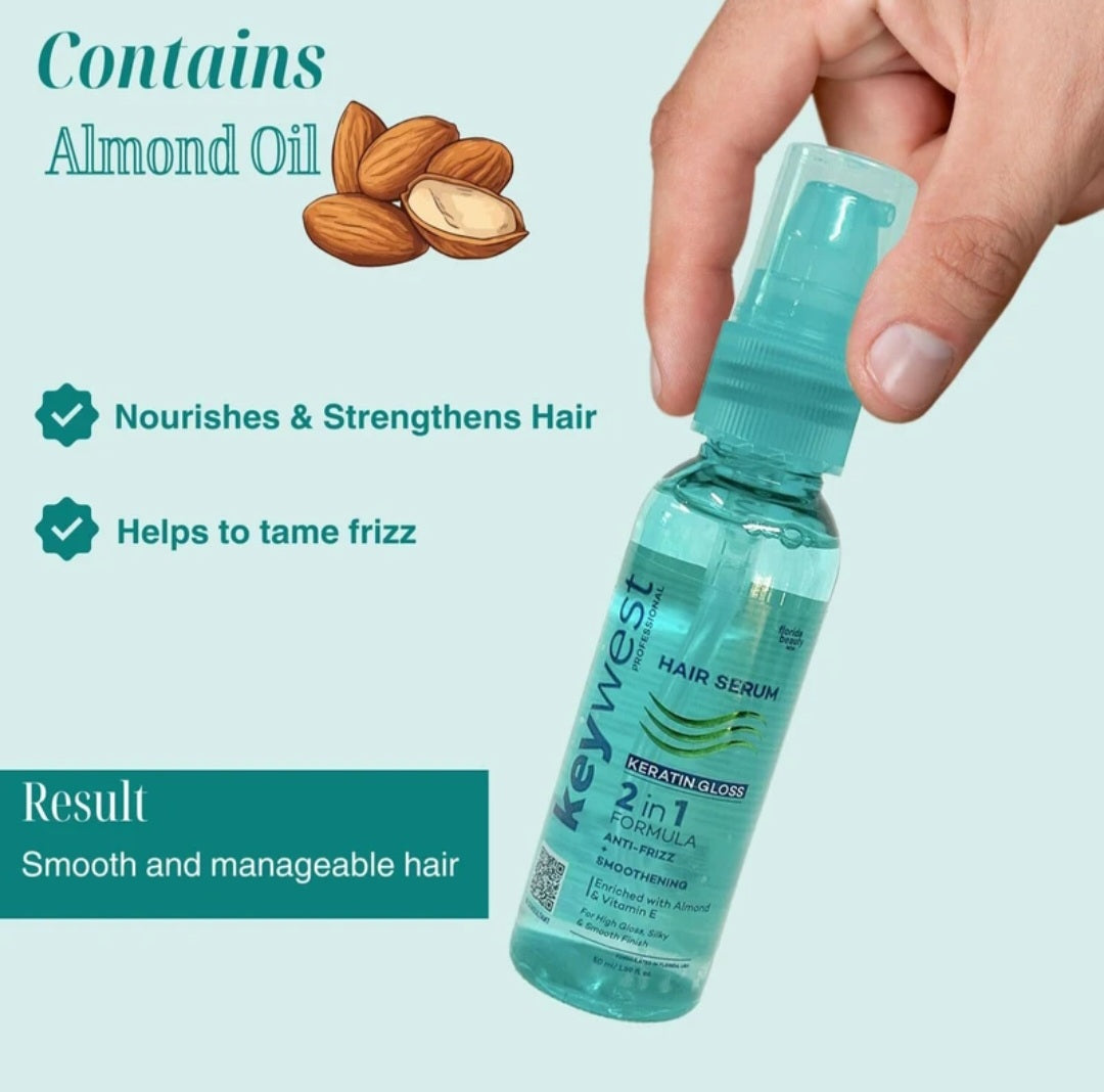 Hair Serum- Keywest Professional's Keratin Gloss Hair Serum 2-in-1 Formula (Anti-Frizz + Smoothening) Enriched with Almond Oil & Vitamin E - 50ml