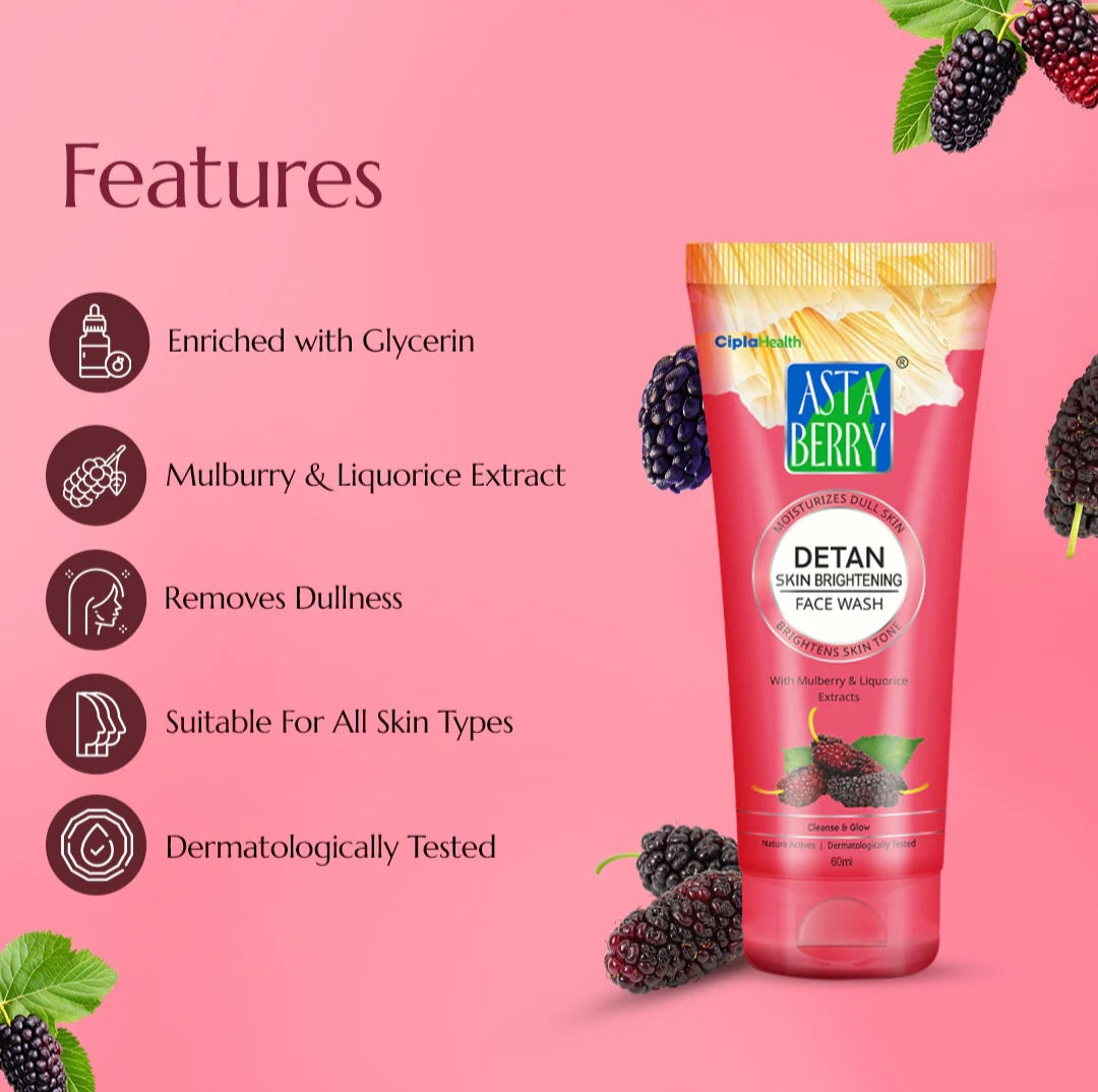 Face Wash- Asta Berry DETAN Skin Whitening Face Wash with Mulberry & Liquorice Extracts for Clean & Glowing Skin 100ml