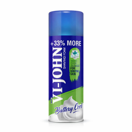 Shaving Foam- Vi-John Buttery Cool Shaving Foam enriched with Vitamin-E & Anti-Bacterial Goodness of Tea Tree Oil, Suitable for Sensitive Skin - 400gm (300gm +100gm Free)